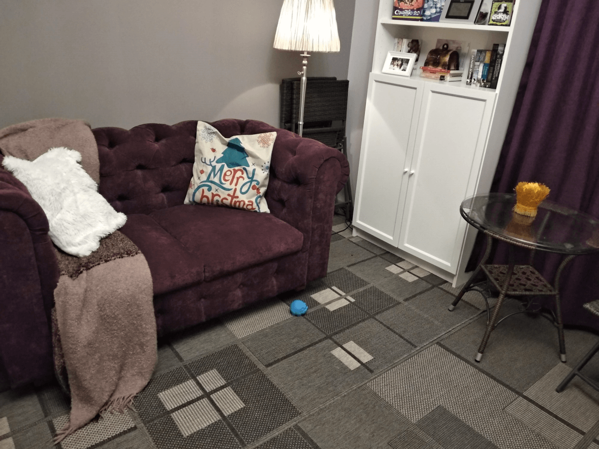 интерьер гостиной с бордовым ковром на полу